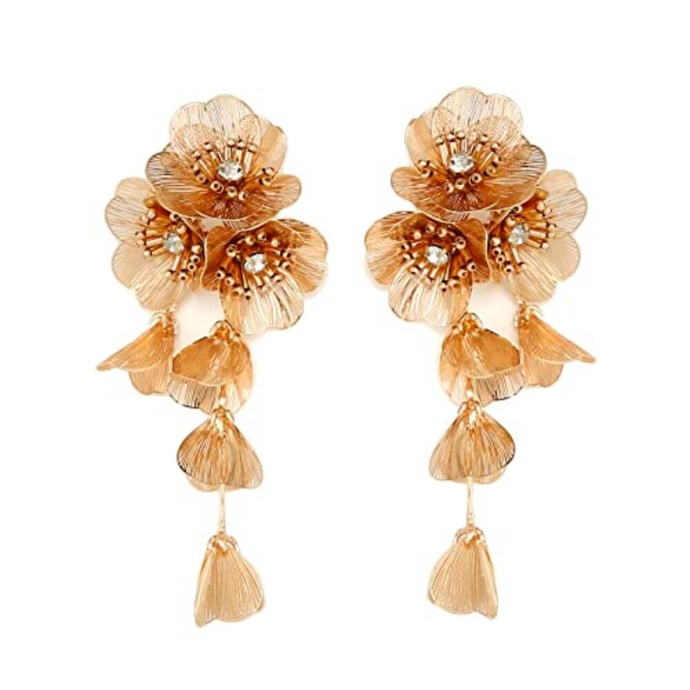 Big Golden Layered Floral Statement Necklace,Flower Dangle Earrings Boho Layered